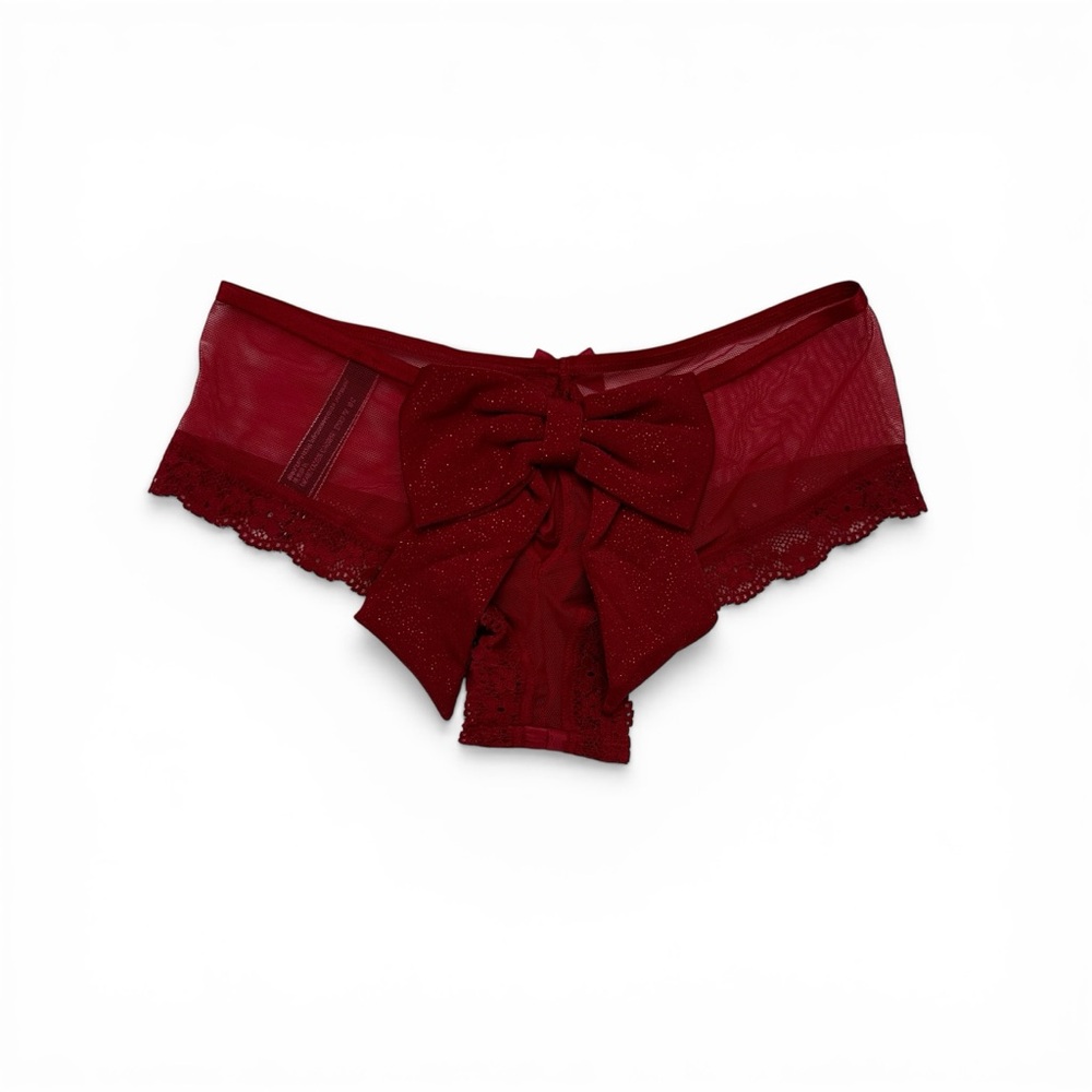Vintage Victoria's Secret Red Smooth Lace Cheeky Panties Bow XS Glitter